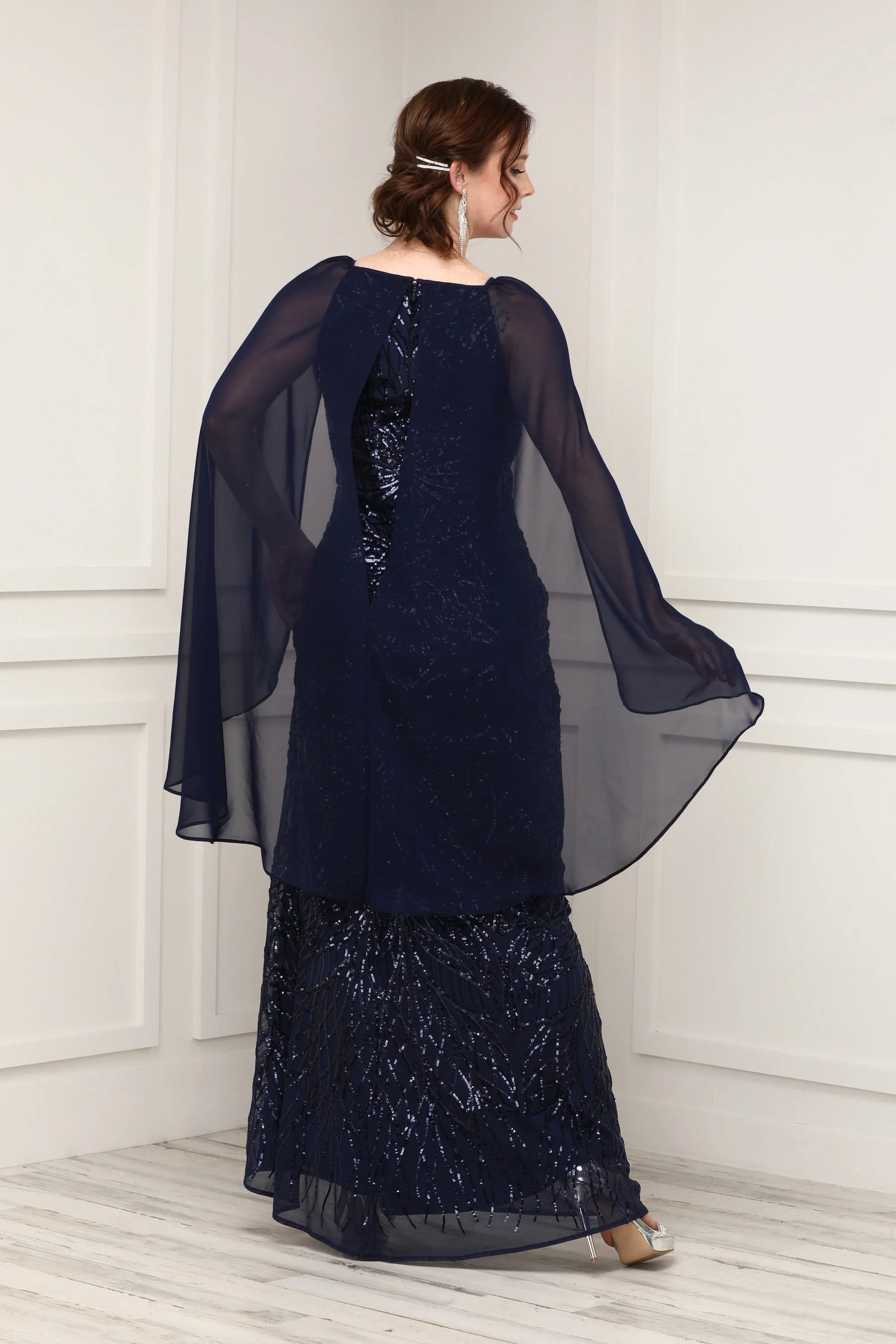 Navy Beaded Sequin Lace Cape Sleeve Evening Gown - Formal Gown