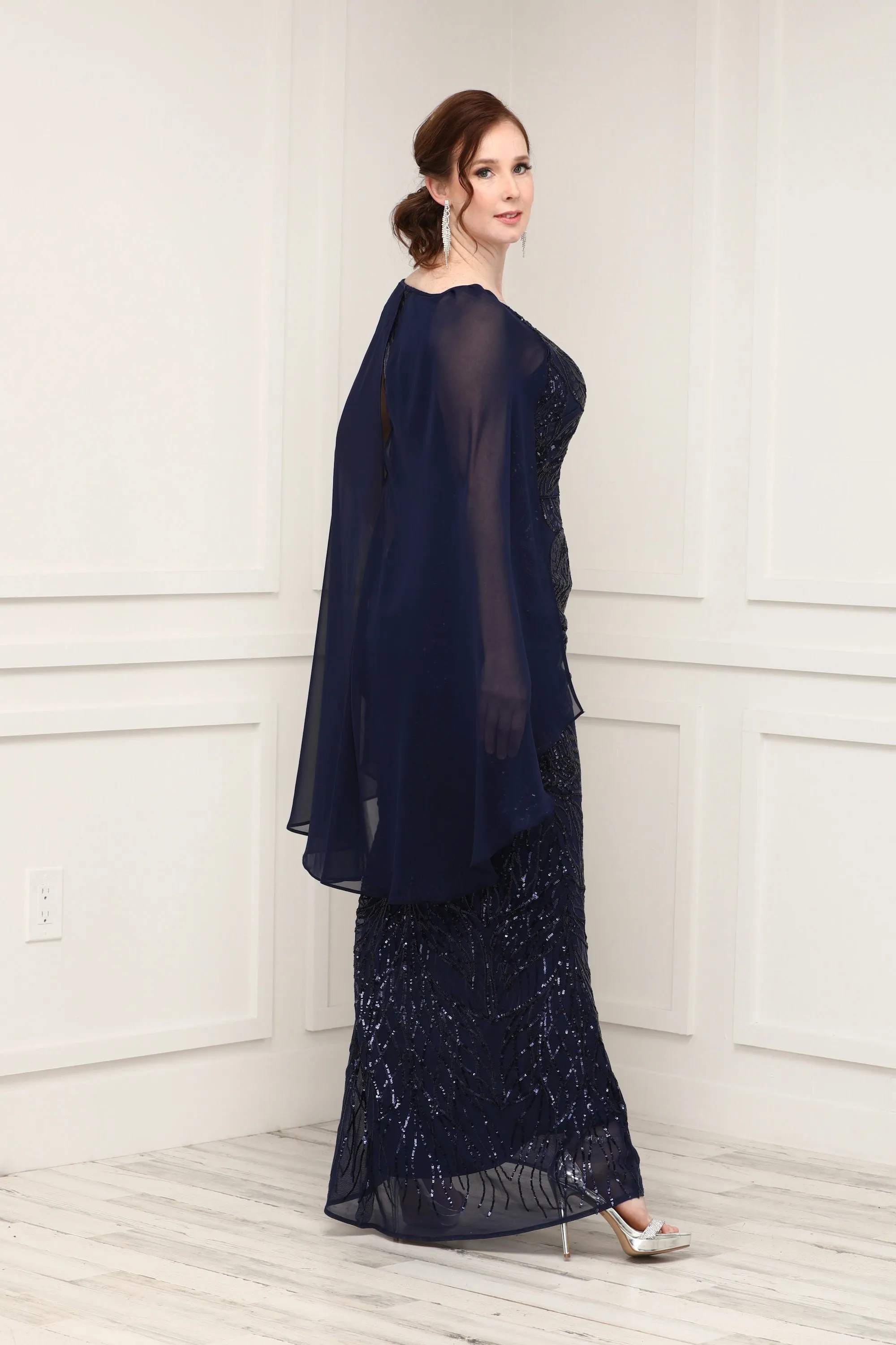 Navy Beaded Sequin Lace Cape Sleeve Evening Gown - Formal Gown