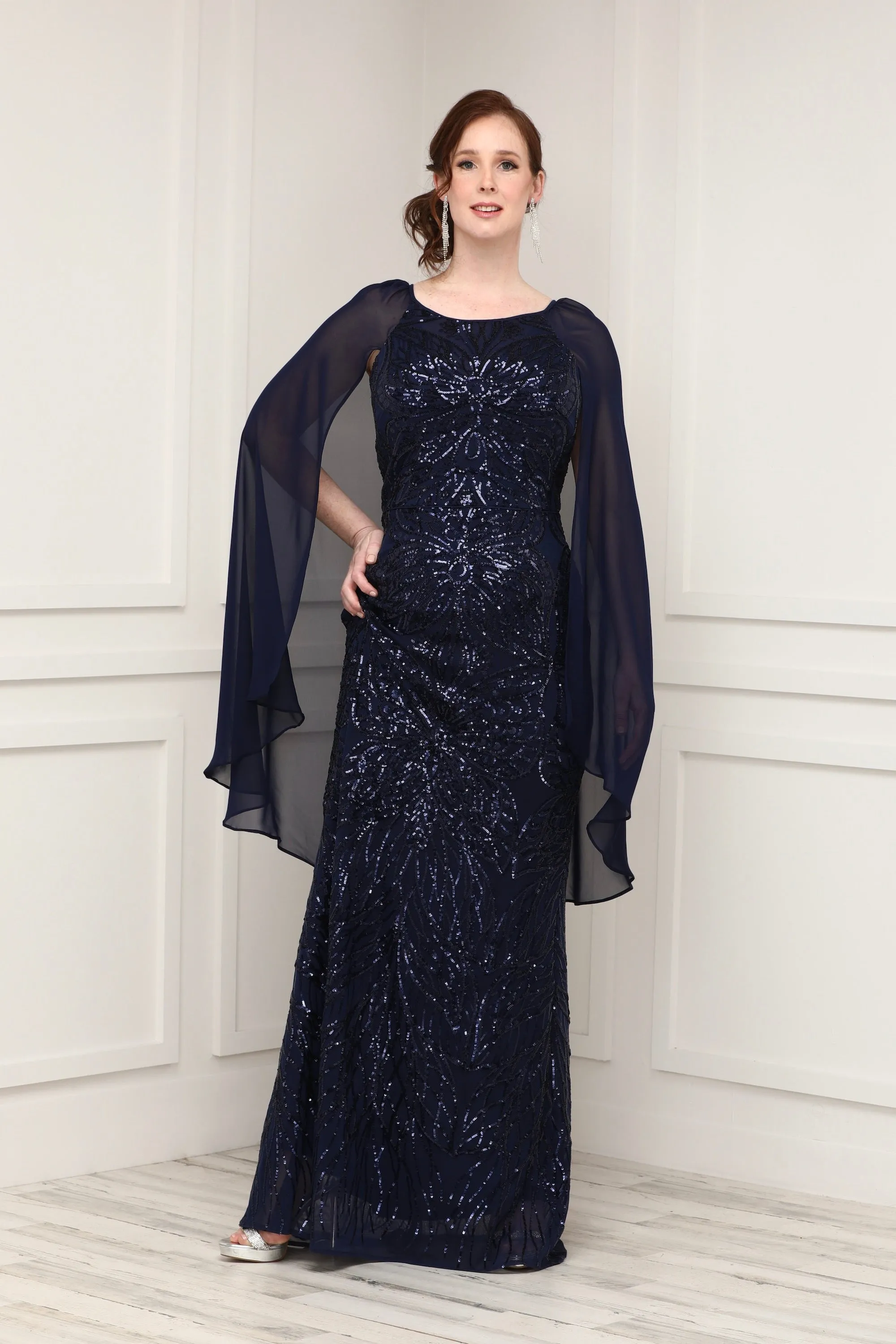 Navy Beaded Sequin Lace Cape Sleeve Evening Gown - Formal Gown