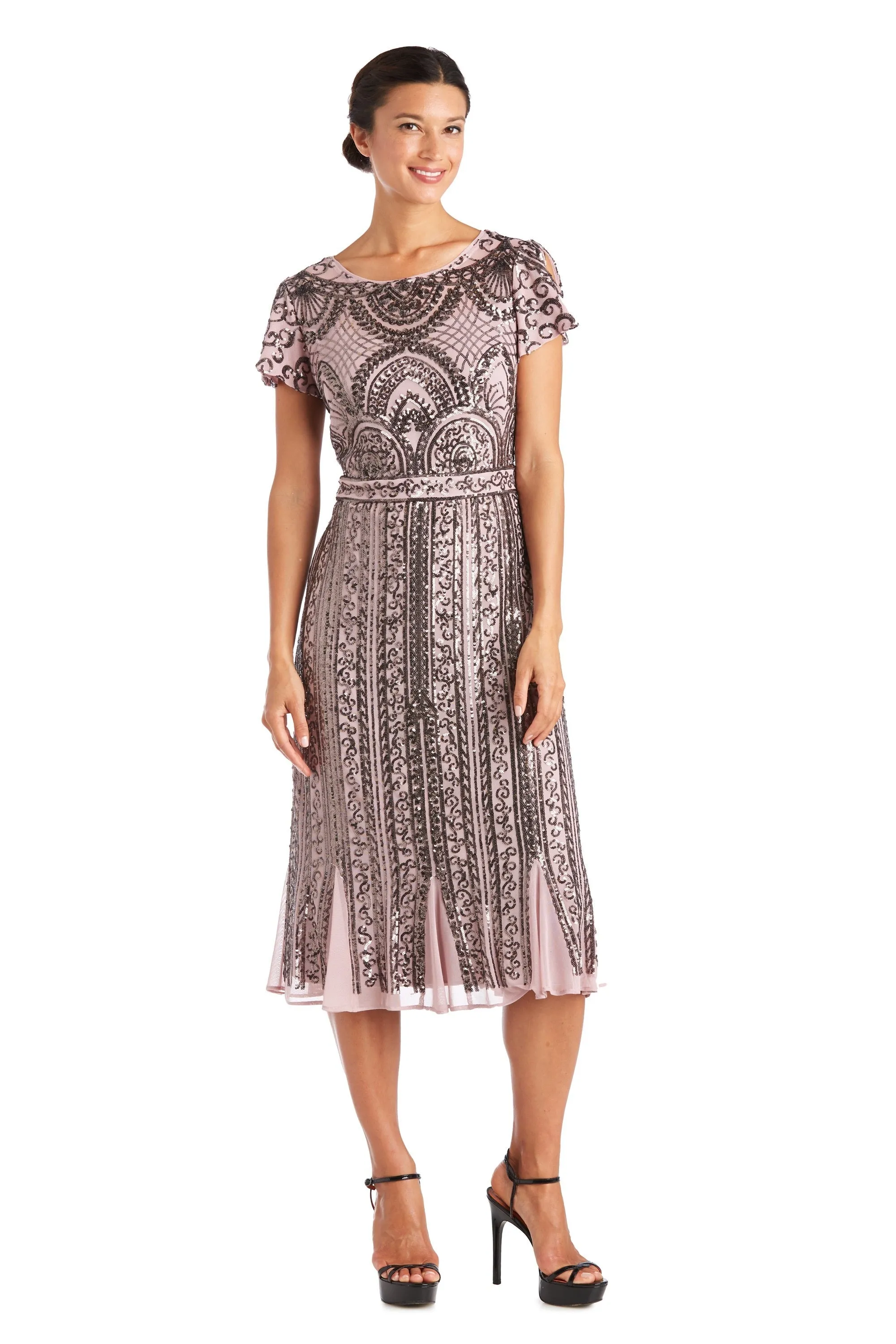 Petite Tea Length  Beaded Dress With Godet Insets