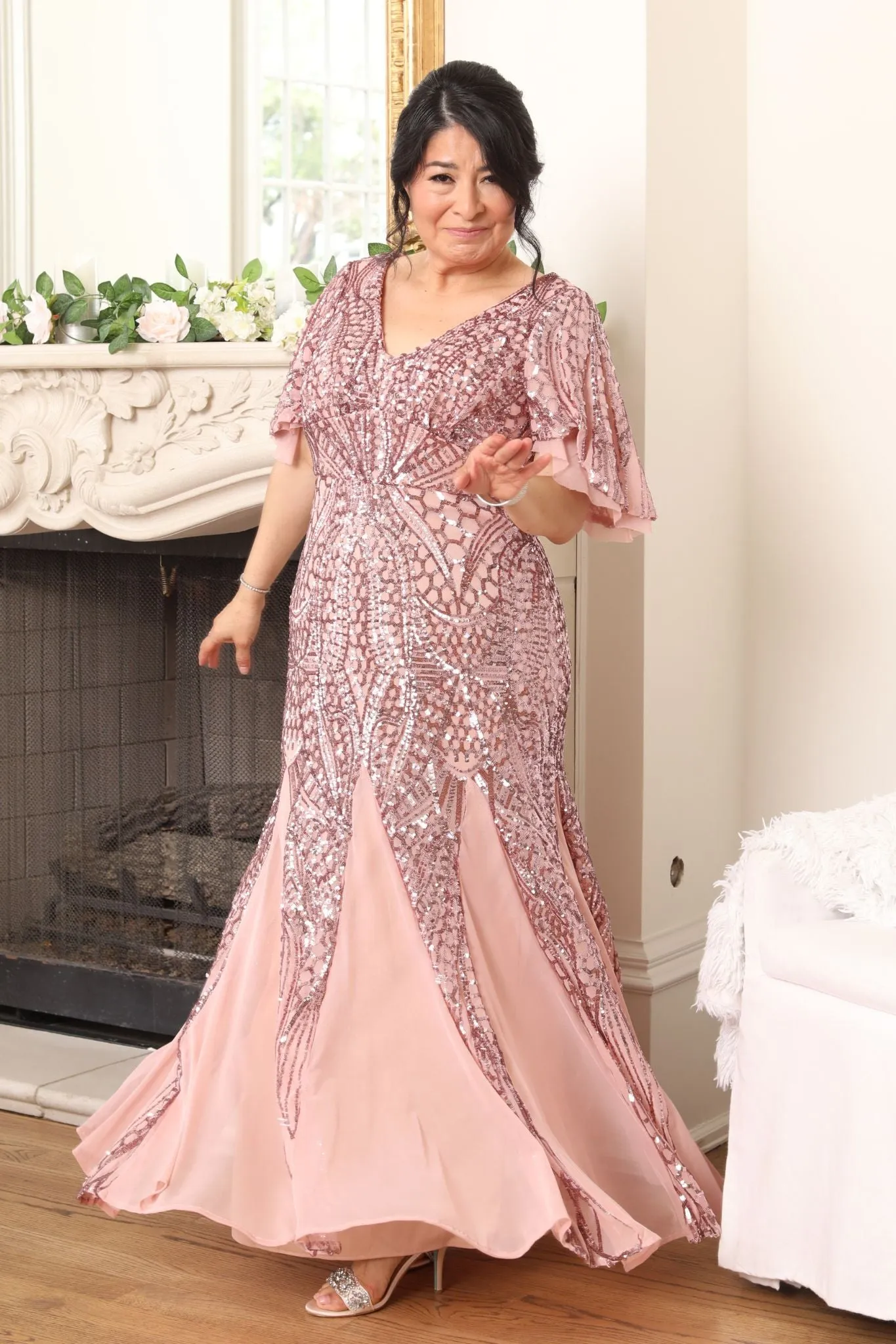 Petite Women Sequin Gown with Flutter Sleeves and Godet Insets