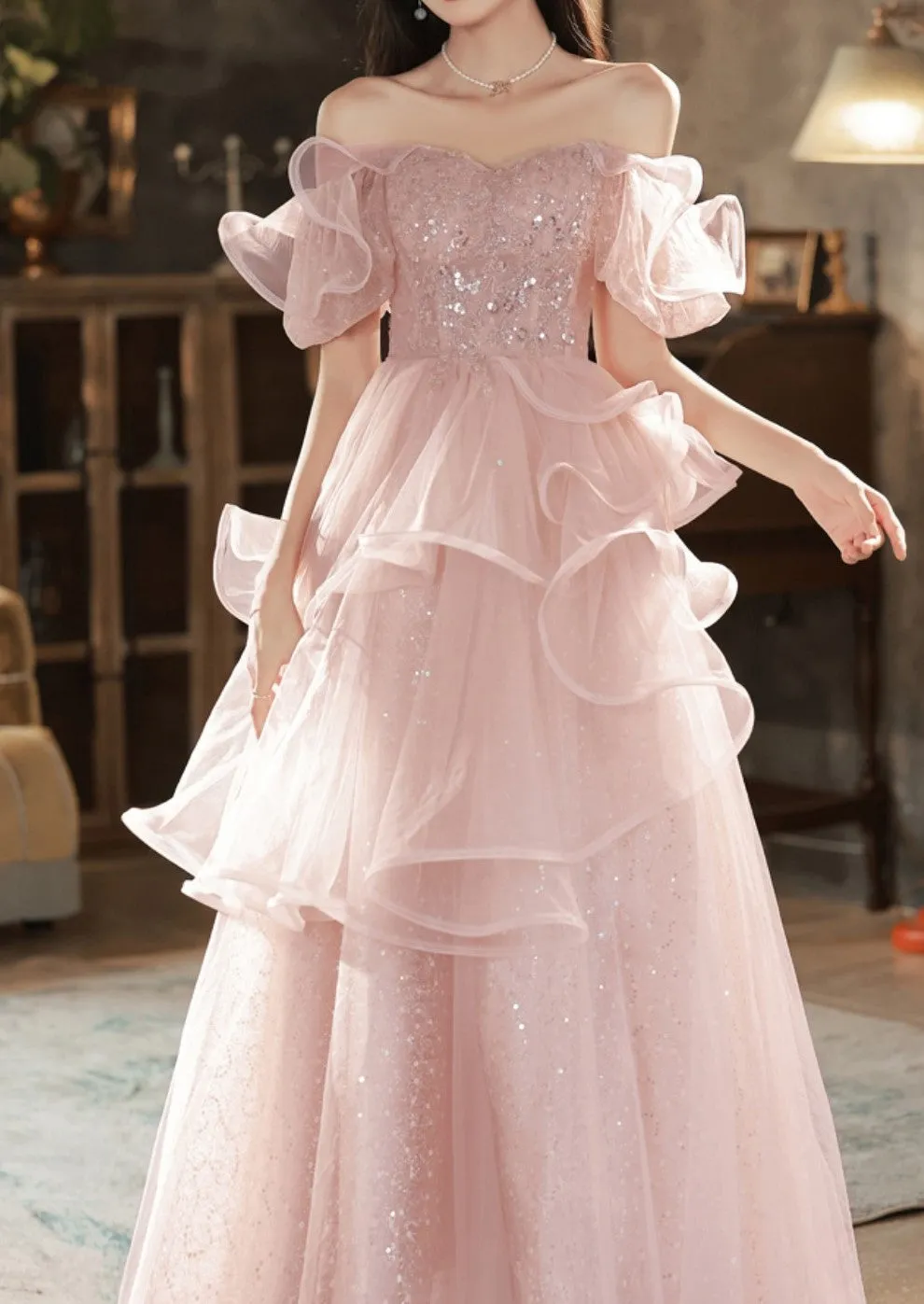 Pink Sequin Embellished Princess Prom Gown Elegant Evening Dress