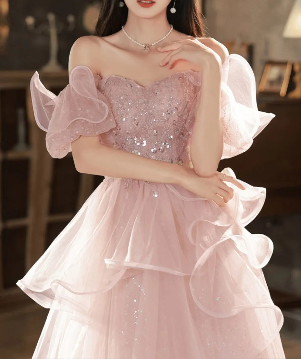 Pink Sequin Embellished Princess Prom Gown Elegant Evening Dress