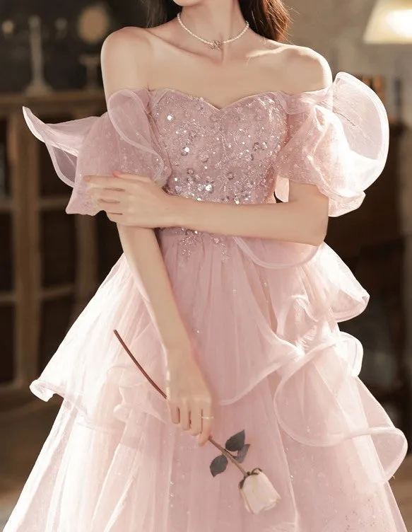 Pink Sequin Embellished Princess Prom Gown Elegant Evening Dress