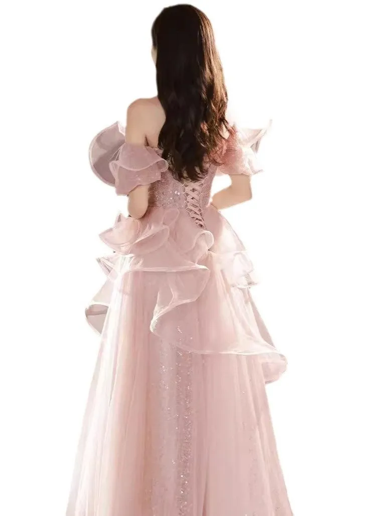 Pink Sequin Embellished Princess Prom Gown Elegant Evening Dress