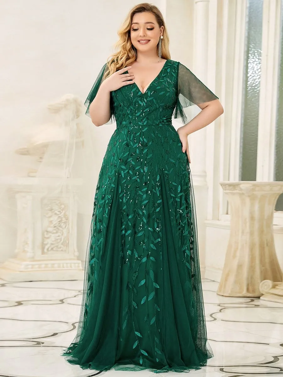 Plus Size Shimmery V Neck Evening Gowns with Ruffles Sleeves