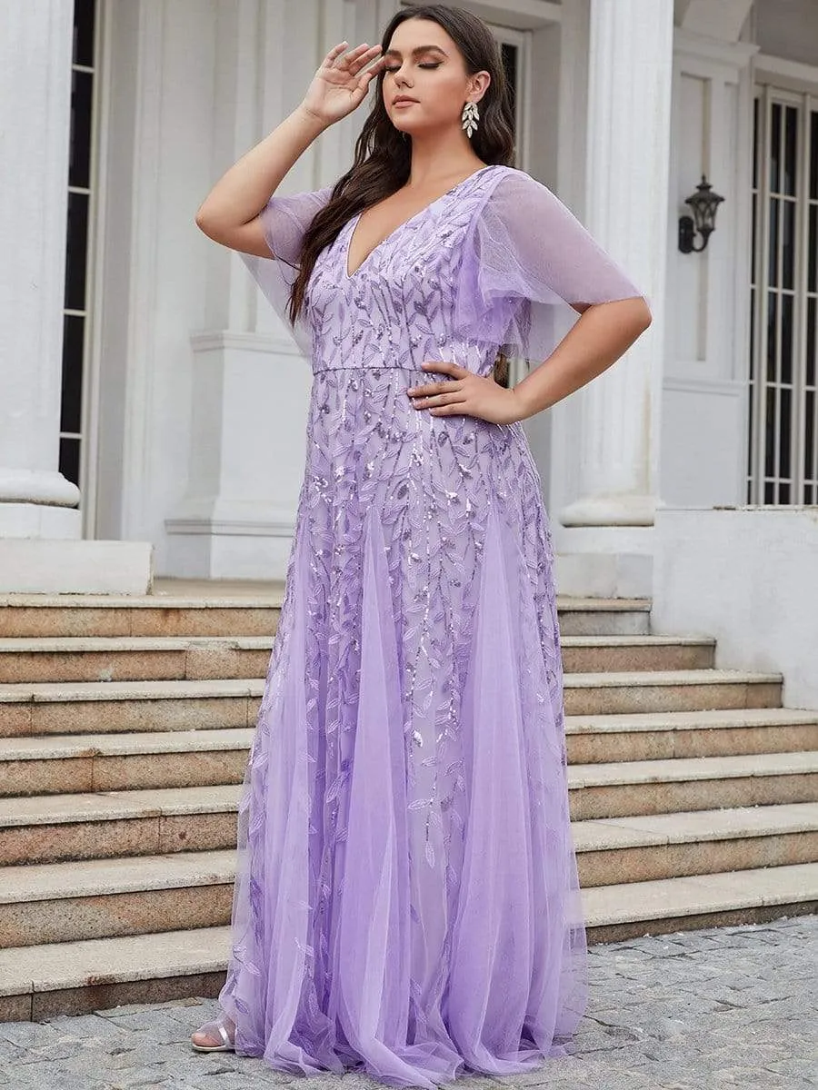 Plus Size Shimmery V Neck Evening Gowns with Ruffles Sleeves