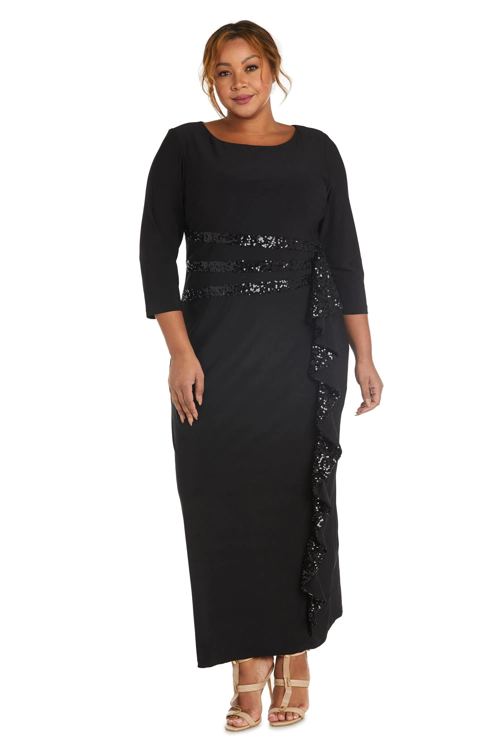 Plus size Women's Elbow Sleeve Sequin Embellished Cascade Evening Gown - Mother of the Bride Gown