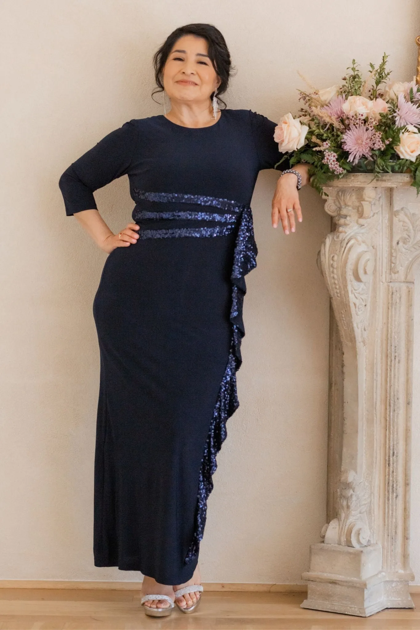 Plus size Women's Elbow Sleeve Sequin Embellished Cascade Evening Gown - Mother of the Bride Gown