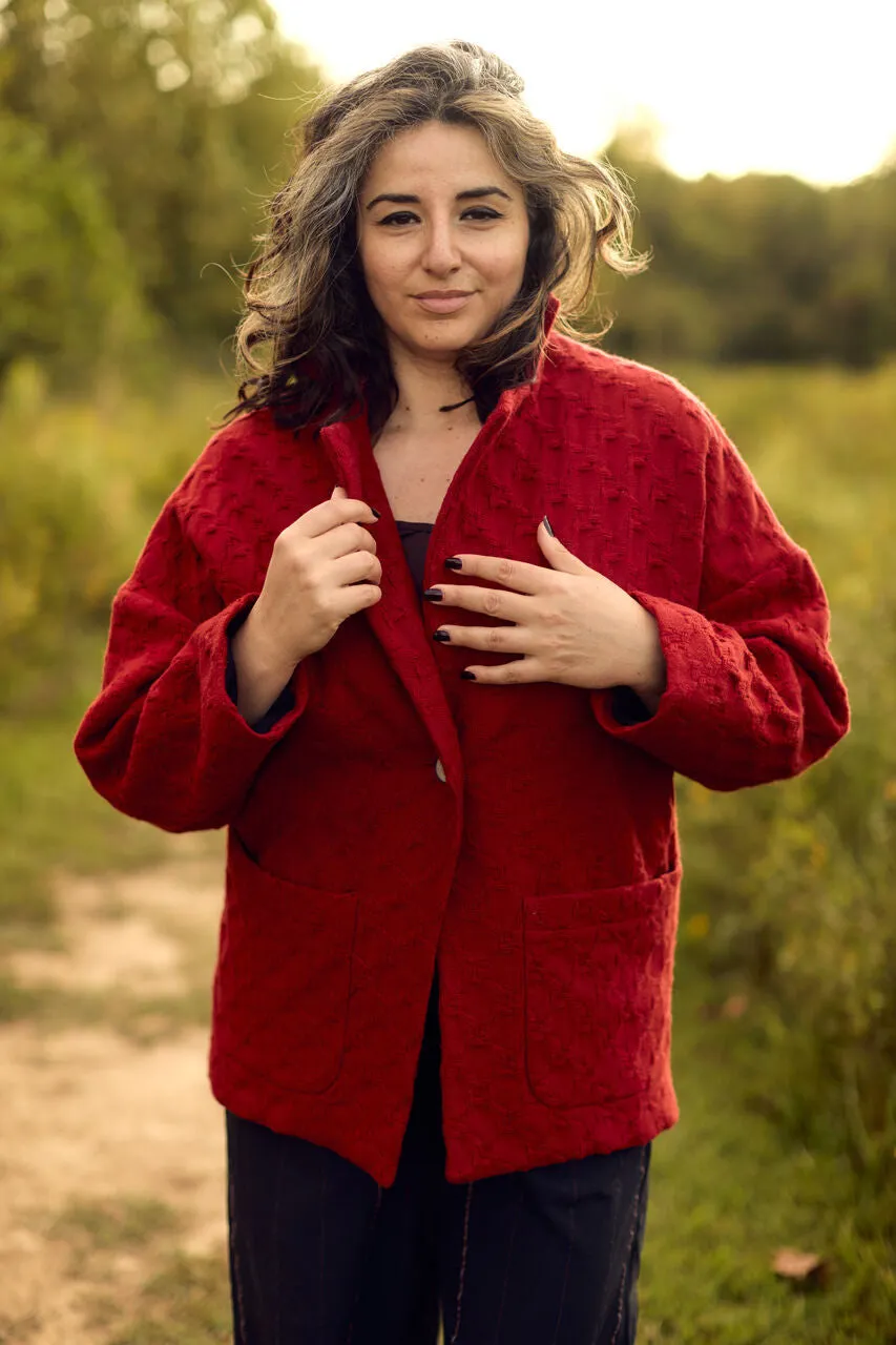 Portuguese Wool Pieper Coat in Red Houndstooth - M Sample