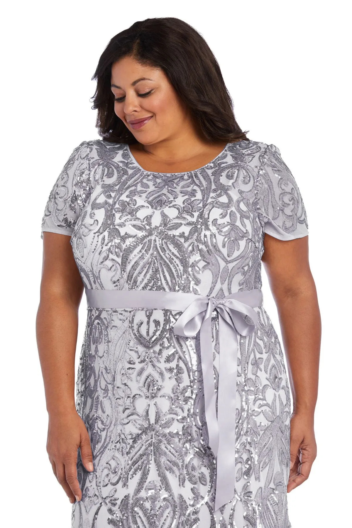 R&M Richards Women's Plus Size Women's One Piece Short Sleeve Embellished Sequin Evening Gown