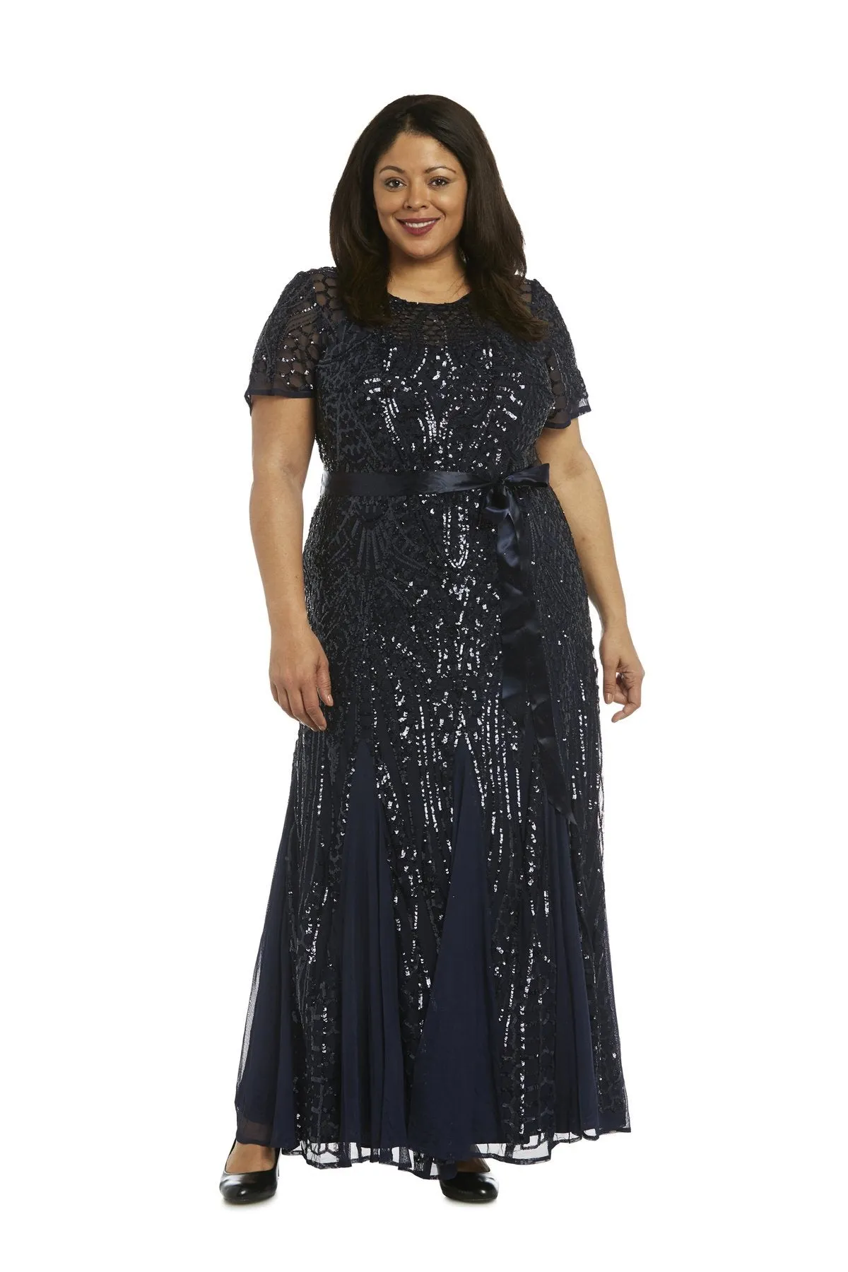 R&M Richards Women's Plus Size Women's One Piece Short Sleeve Embellished Sequin Evening Gown