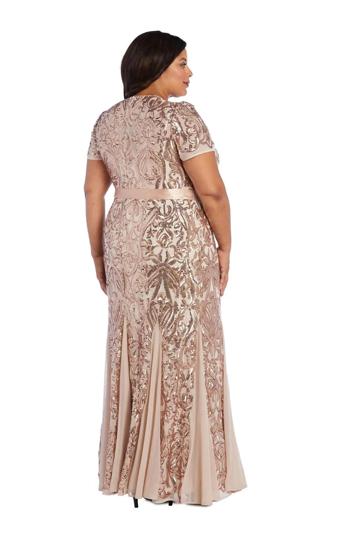 R&M Richards Women's Plus Size Women's One Piece Short Sleeve Embellished Sequin Evening Gown