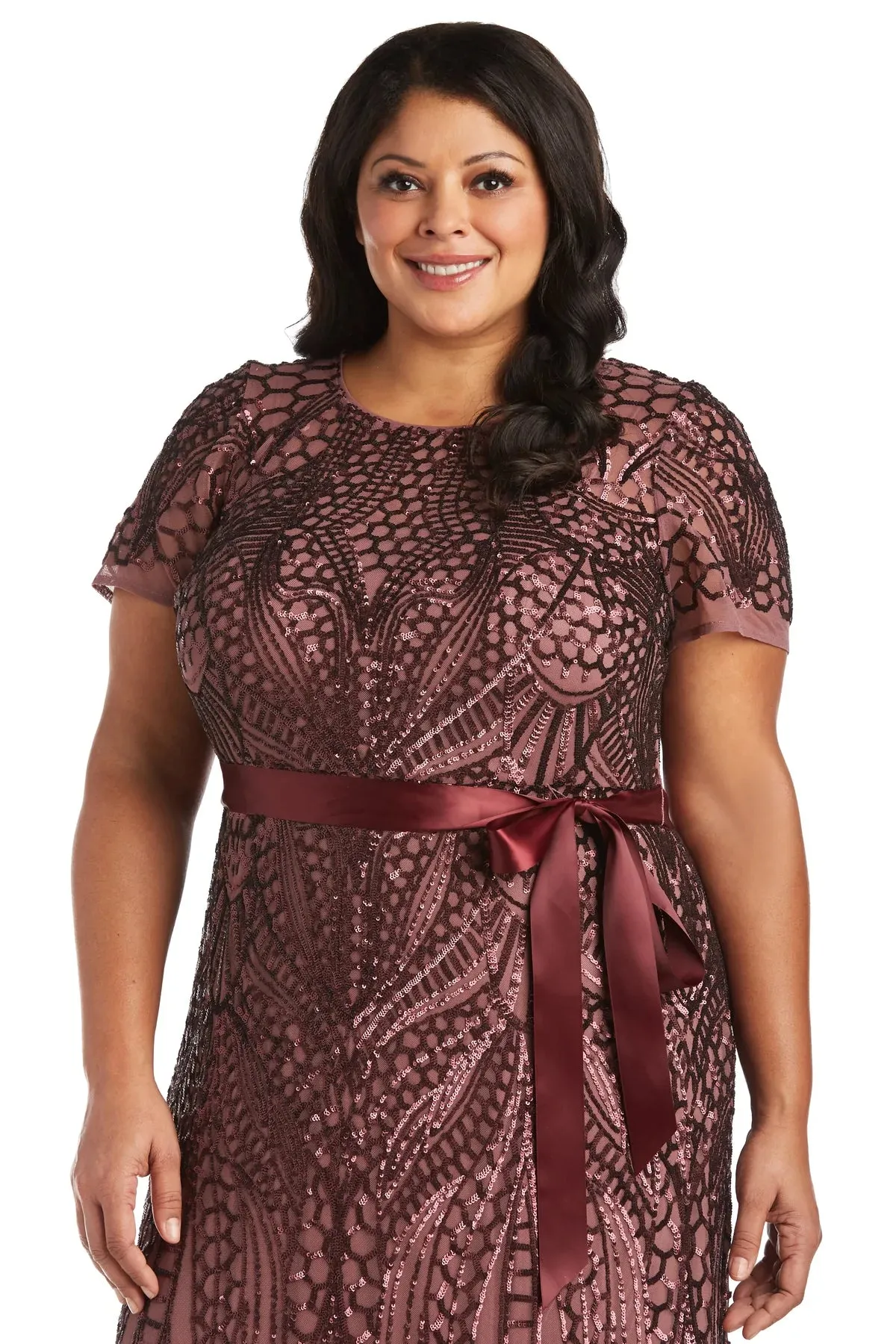 R&M Richards Women's Plus Size Women's One Piece Short Sleeve Embellished Sequin Evening Gown