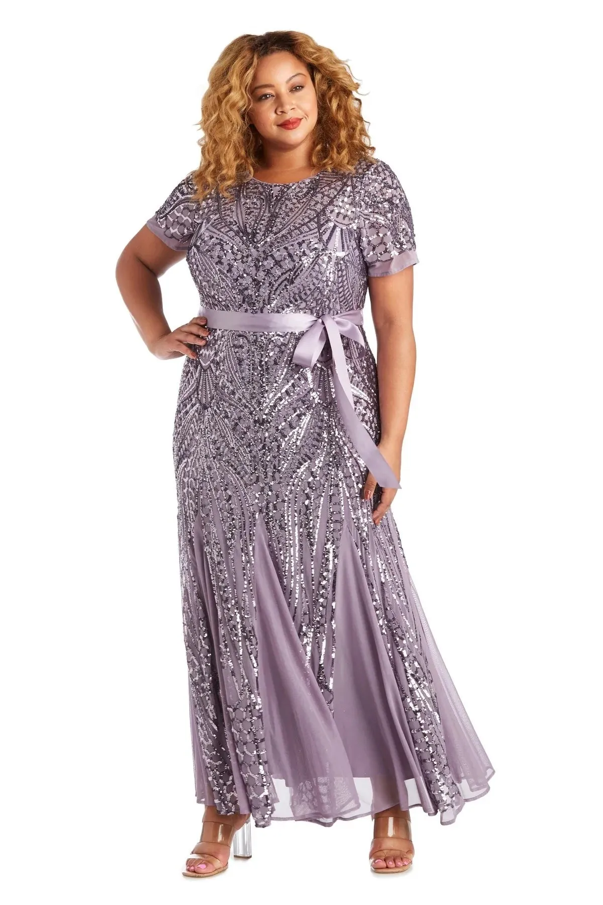 R&M Richards Women's Plus Size Women's One Piece Short Sleeve Embellished Sequin Evening Gown