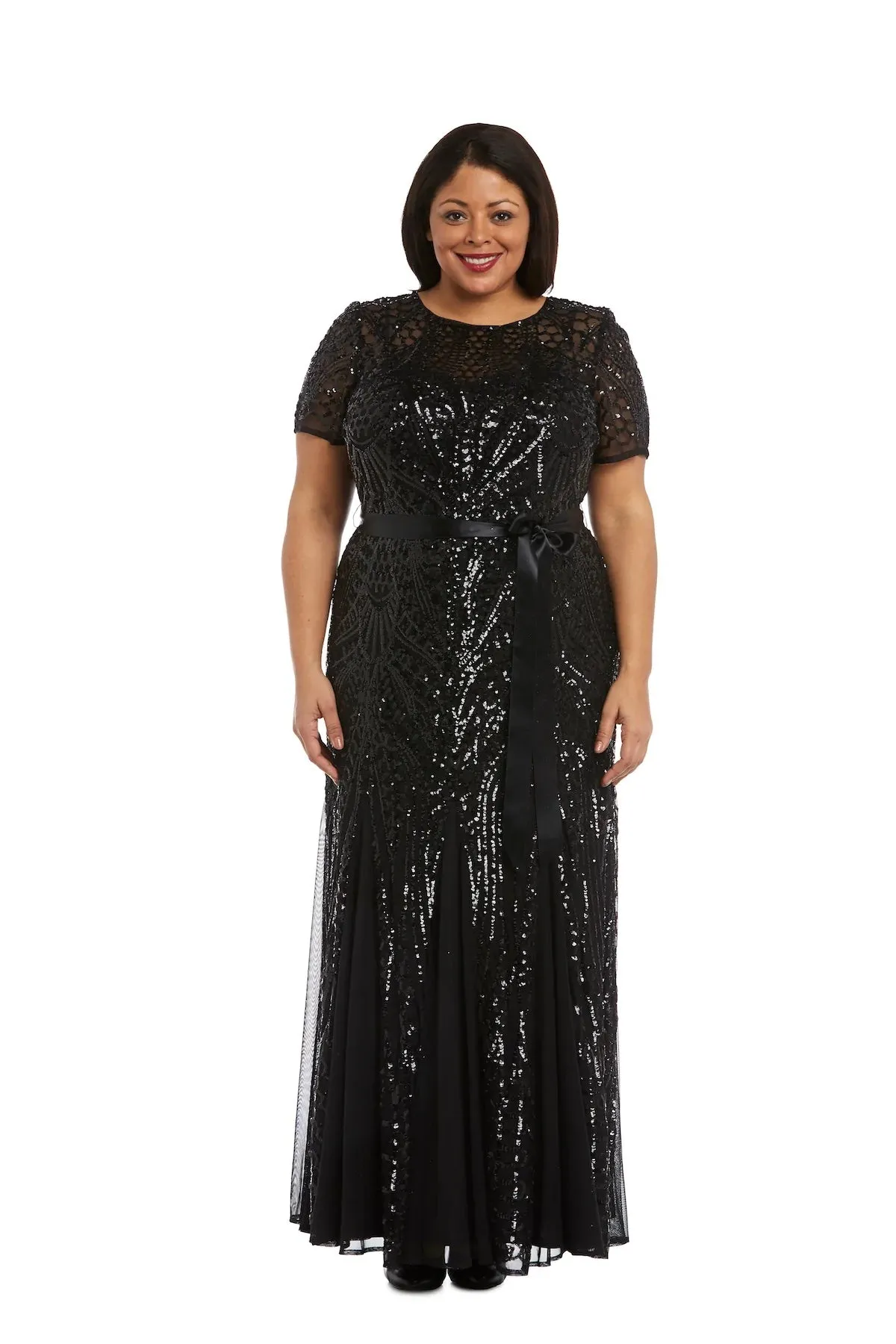 R&M Richards Women's Plus Size Women's One Piece Short Sleeve Embellished Sequin Evening Gown