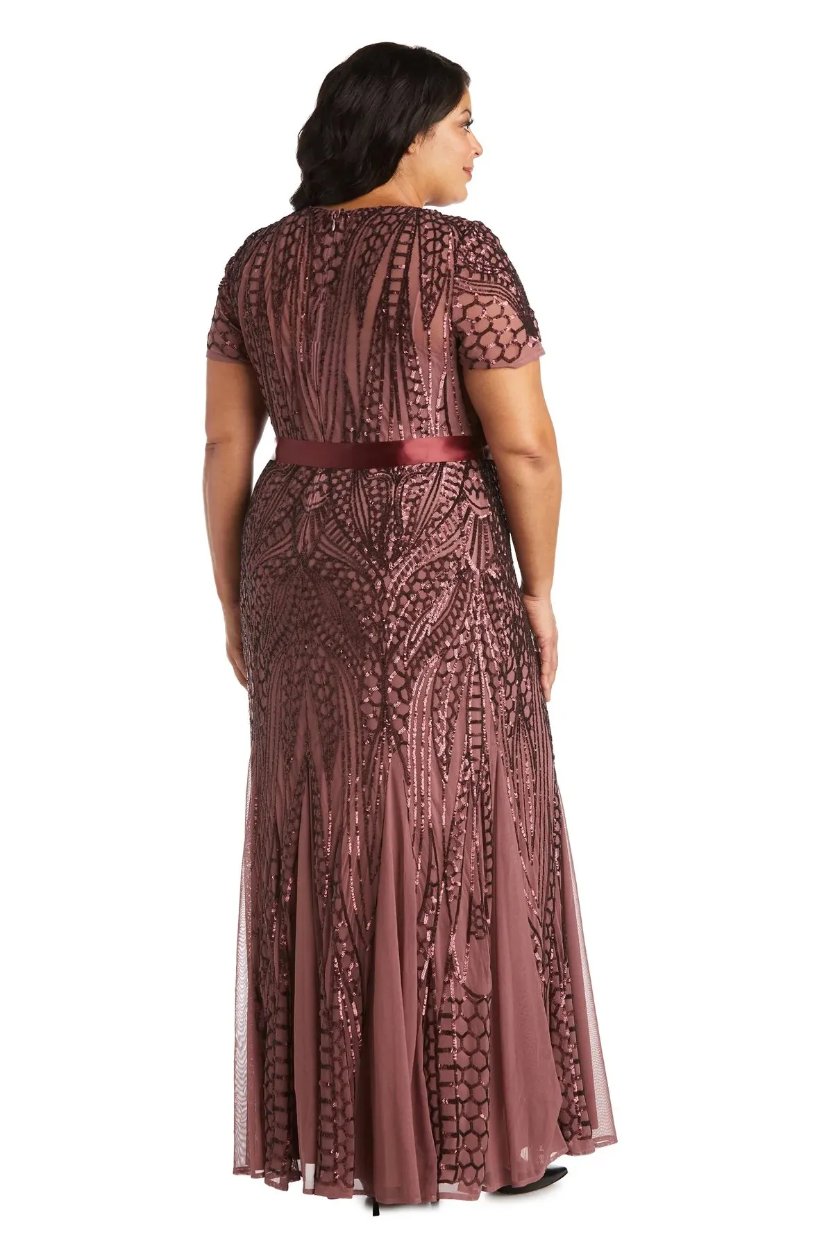 R&M Richards Women's Plus Size Women's One Piece Short Sleeve Embellished Sequin Evening Gown