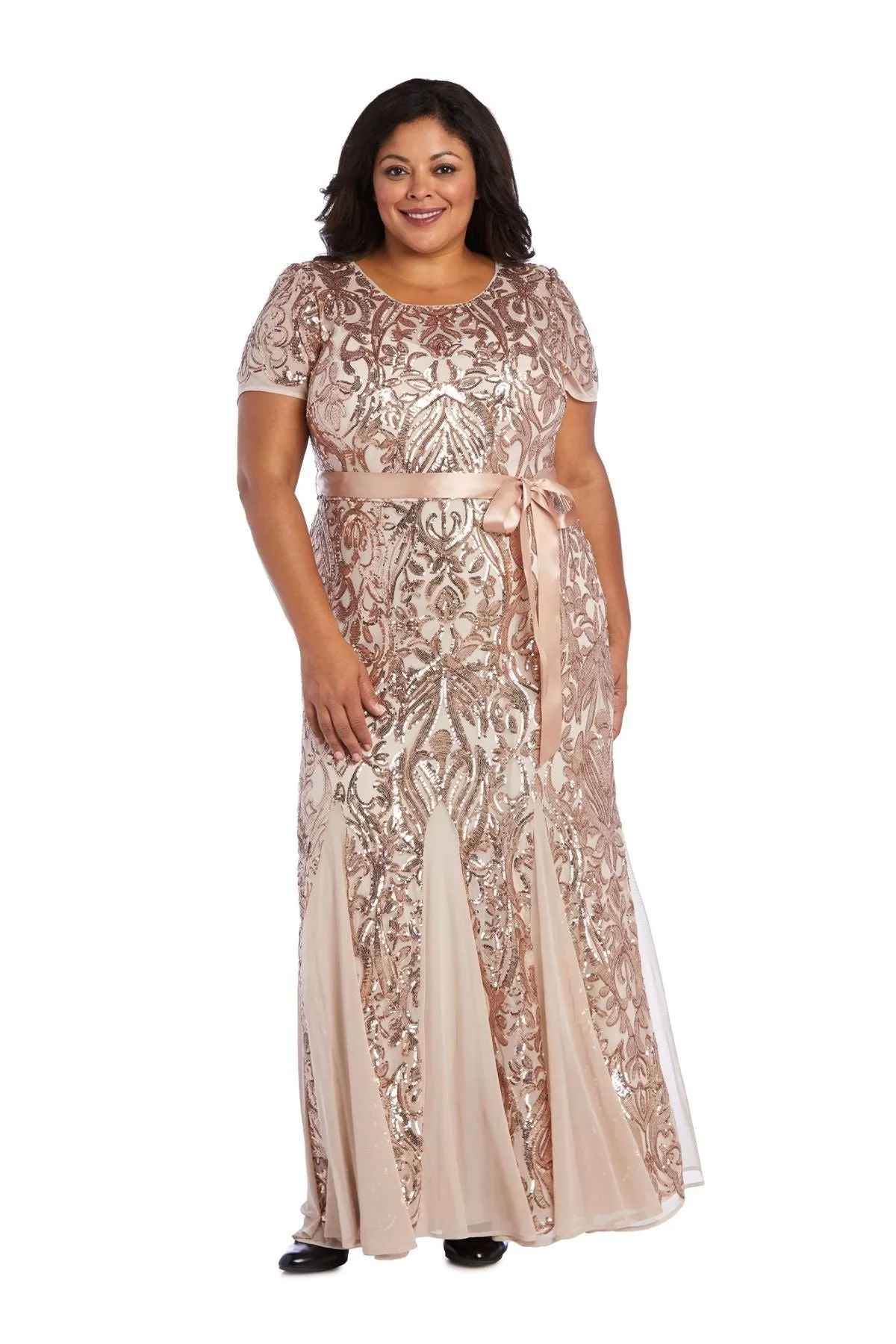 R&M Richards Women's Plus Size Women's One Piece Short Sleeve Embellished Sequin Evening Gown