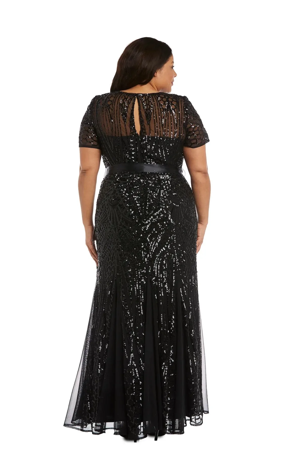 R&M Richards Women's Plus Size Women's One Piece Short Sleeve Embellished Sequin Evening Gown