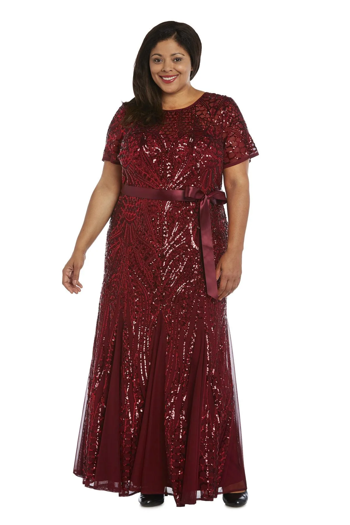 R&M Richards Women's Plus Size Women's One Piece Short Sleeve Embellished Sequin Evening Gown