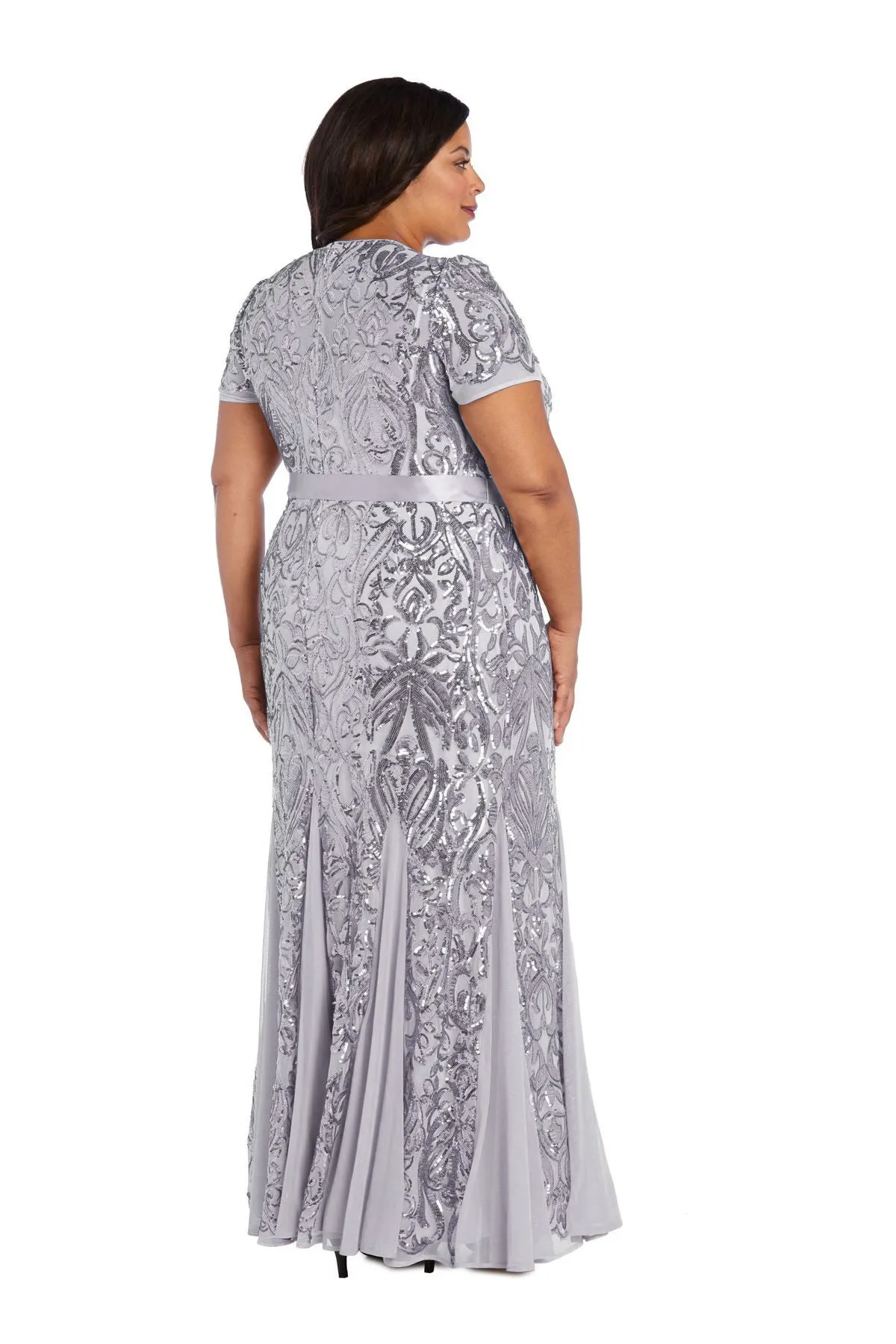 R&M Richards Women's Plus Size Women's One Piece Short Sleeve Embellished Sequin Evening Gown