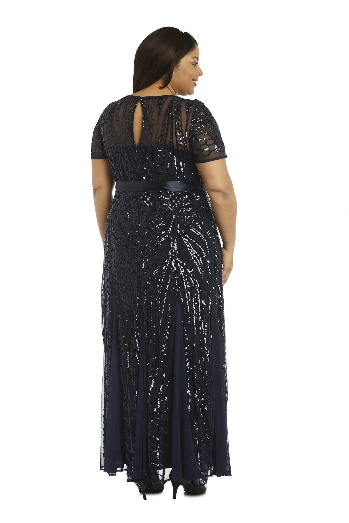 R&M Richards Women's Plus Size Women's One Piece Short Sleeve Embellished Sequin Evening Gown