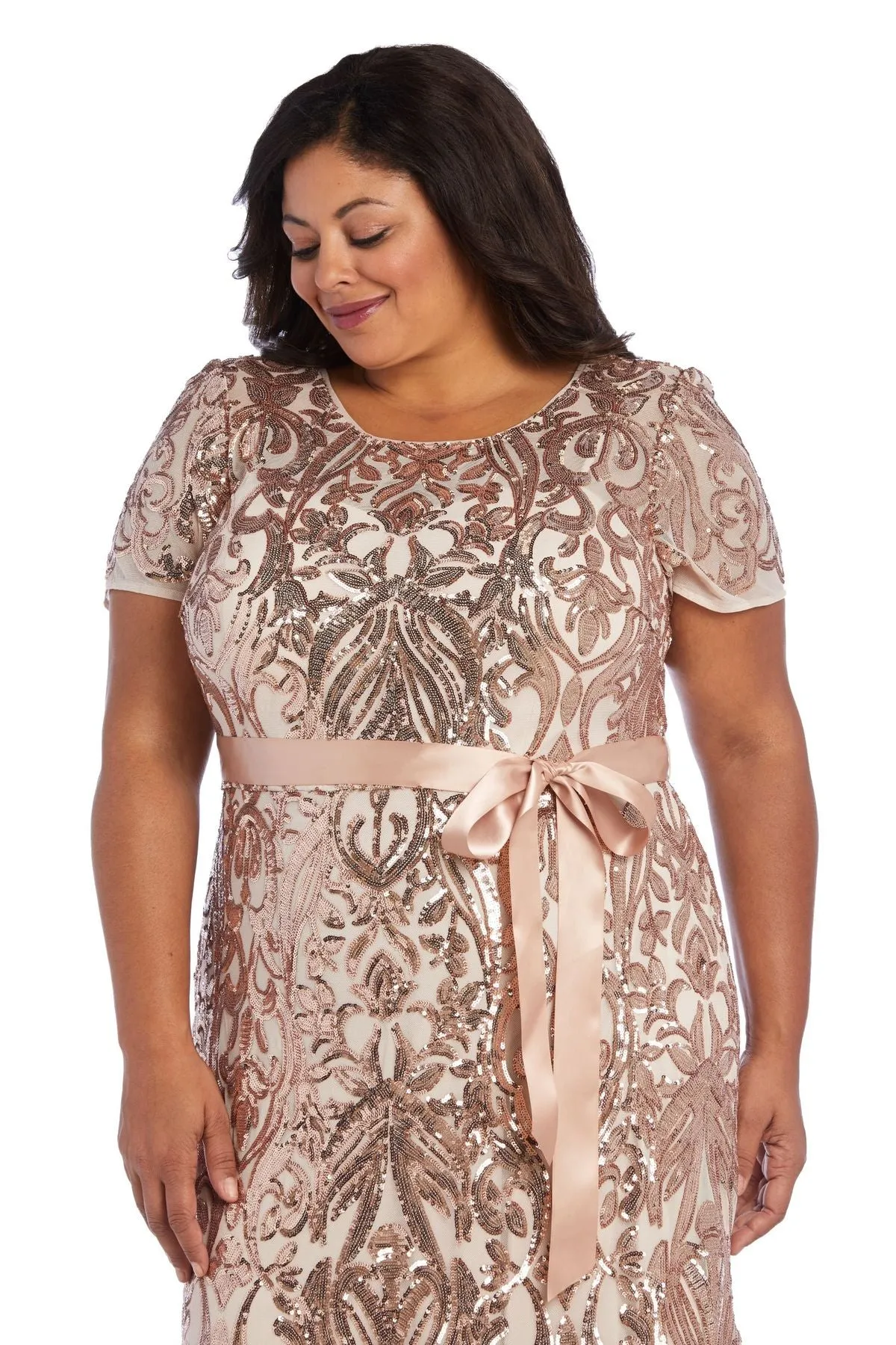 R&M Richards Women's Plus Size Women's One Piece Short Sleeve Embellished Sequin Evening Gown