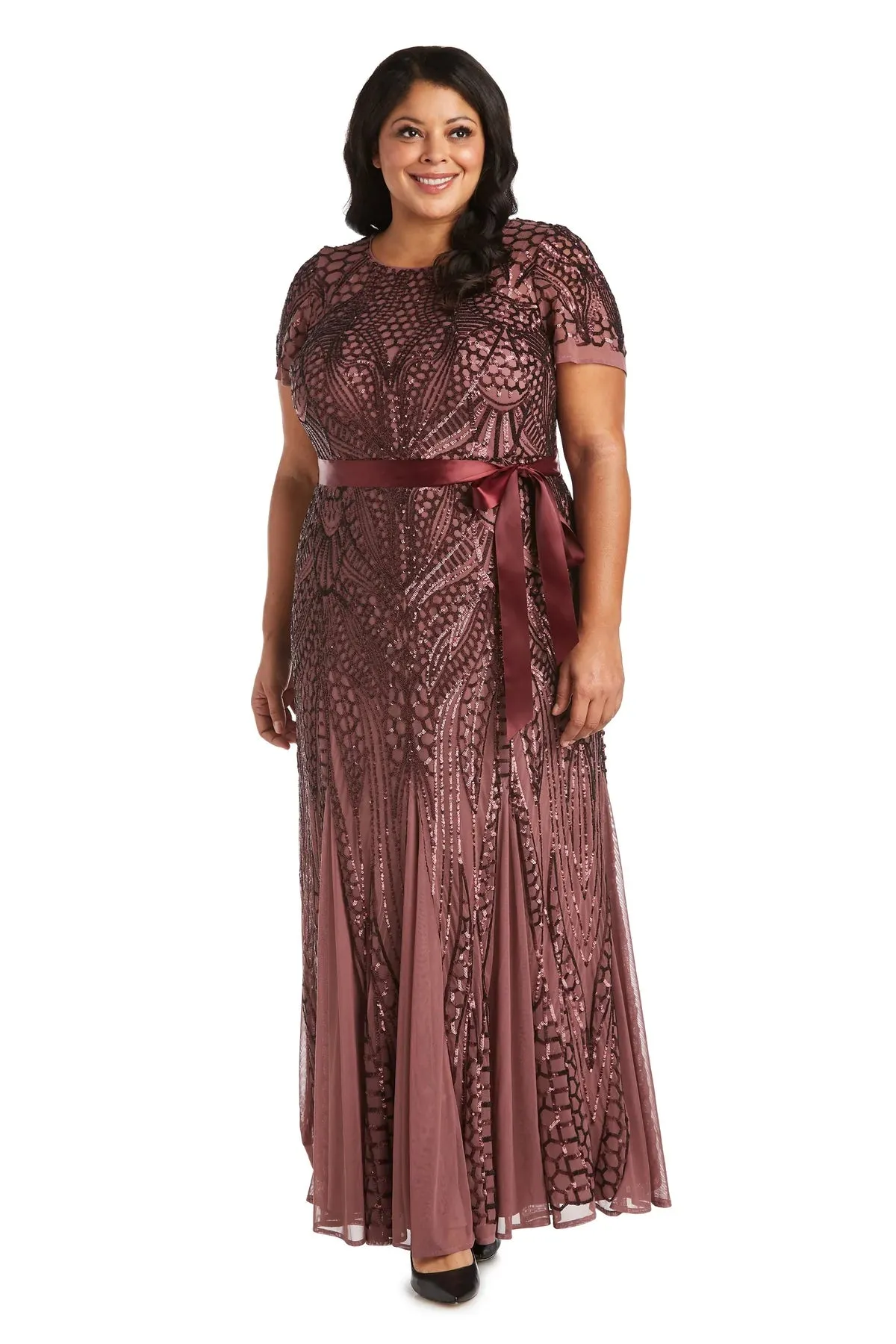 R&M Richards Women's Plus Size Women's One Piece Short Sleeve Embellished Sequin Evening Gown