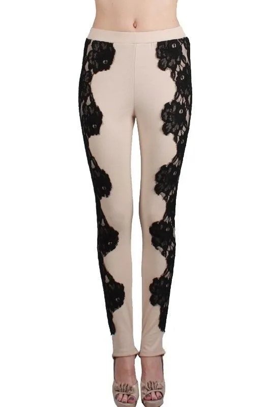 RYU Black Lace Stirrup Leggings - Lt Beige