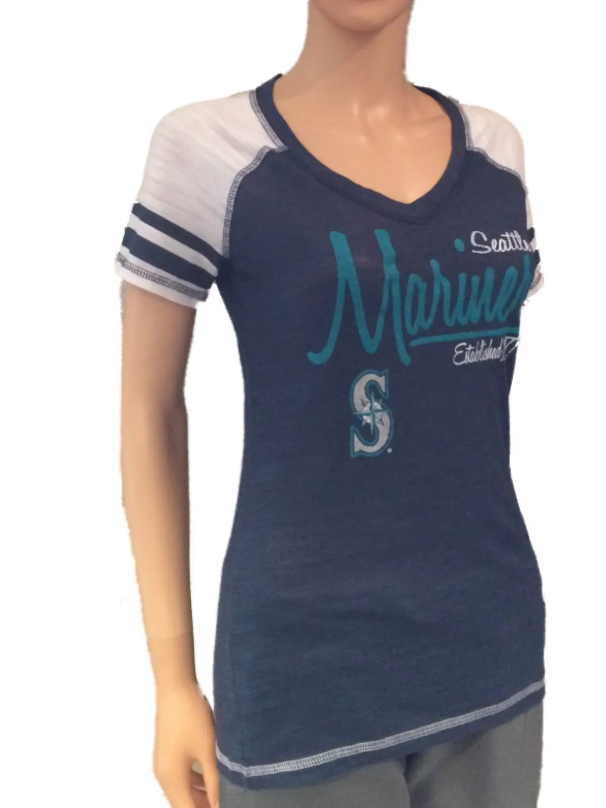 Seattle Mariners SAAG Women Navy Light Baseball Tri-Blend V-Neck T-Shirt