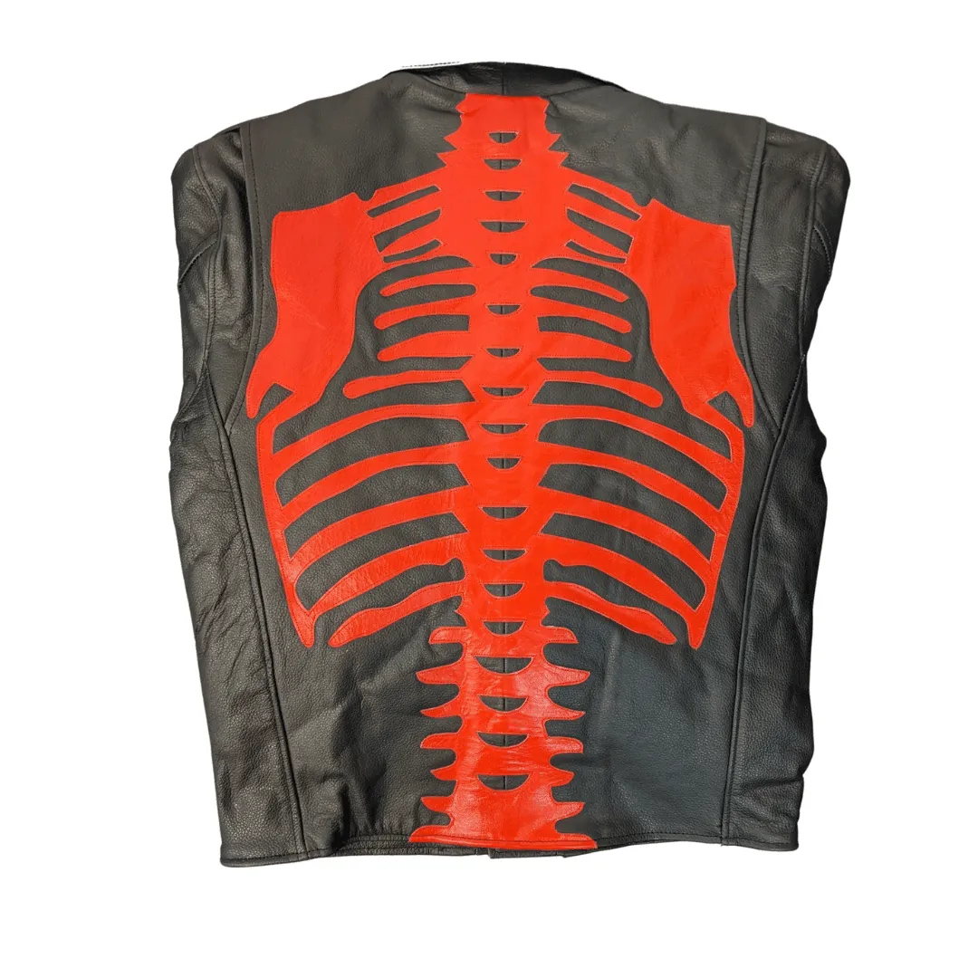 Skeleton Bones Red on Black Classic Style Leather Jacket