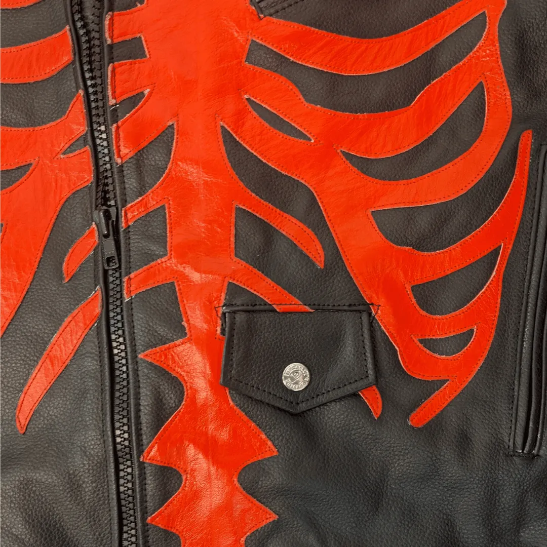 Skeleton Bones Red on Black Classic Style Leather Jacket