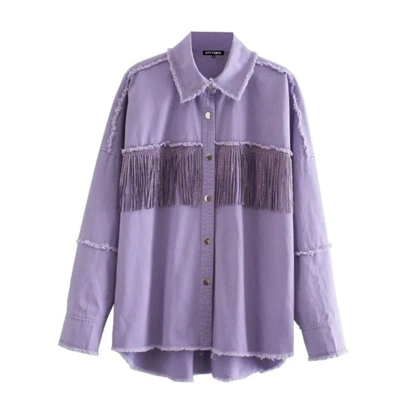 Stylish Fringe Beaded Loose Denim Jacket Long Sleeve Frayed Trim Outerwear