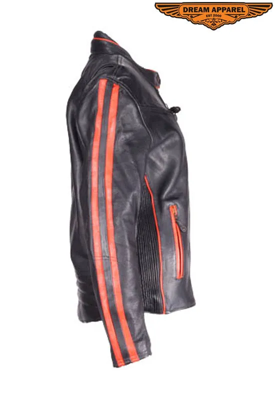 Womens Leather Racer Jacket with Orange Stripes