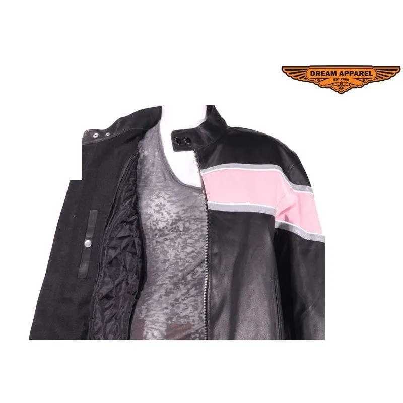 Womens Racer Jacket With Pink & Double Silver Stripes