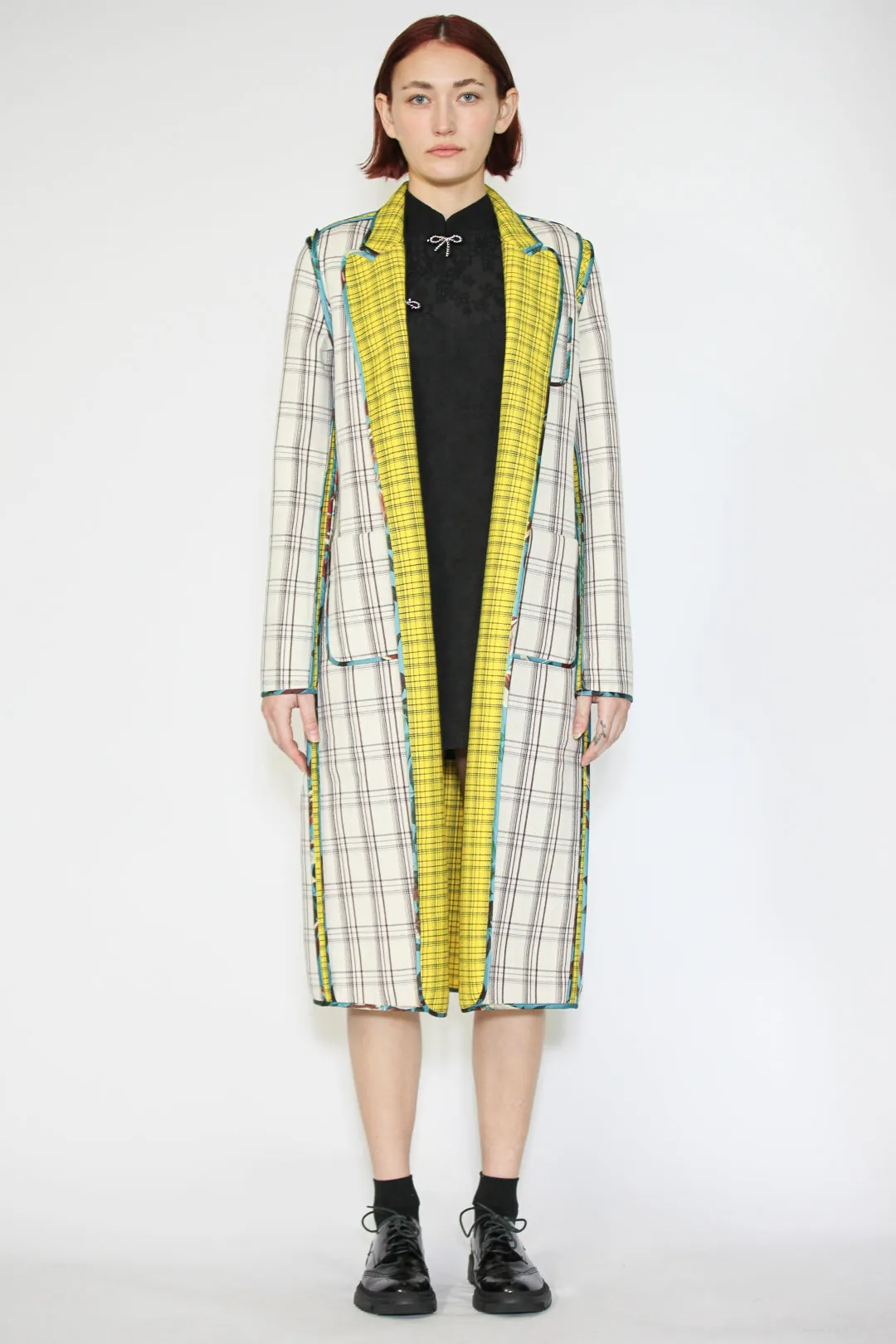 Wool Plaid and Silk Piping Reversible Coat