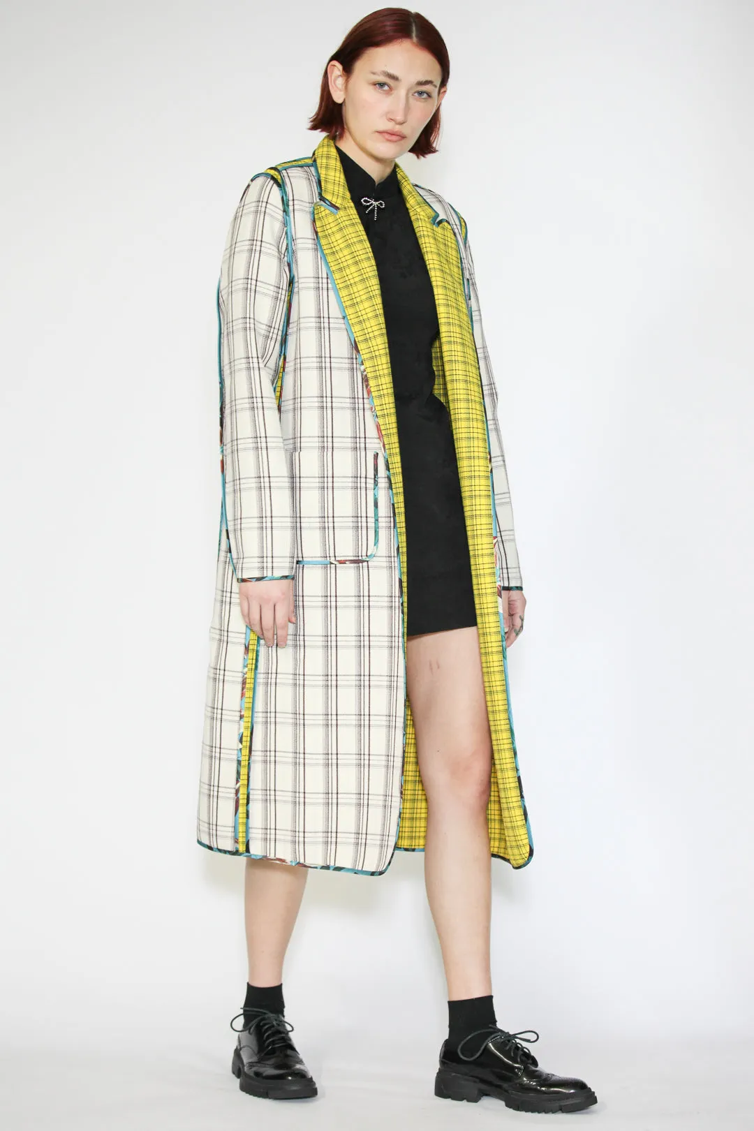 Wool Plaid and Silk Piping Reversible Coat