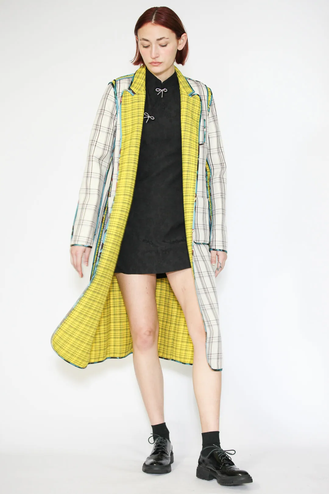 Wool Plaid and Silk Piping Reversible Coat