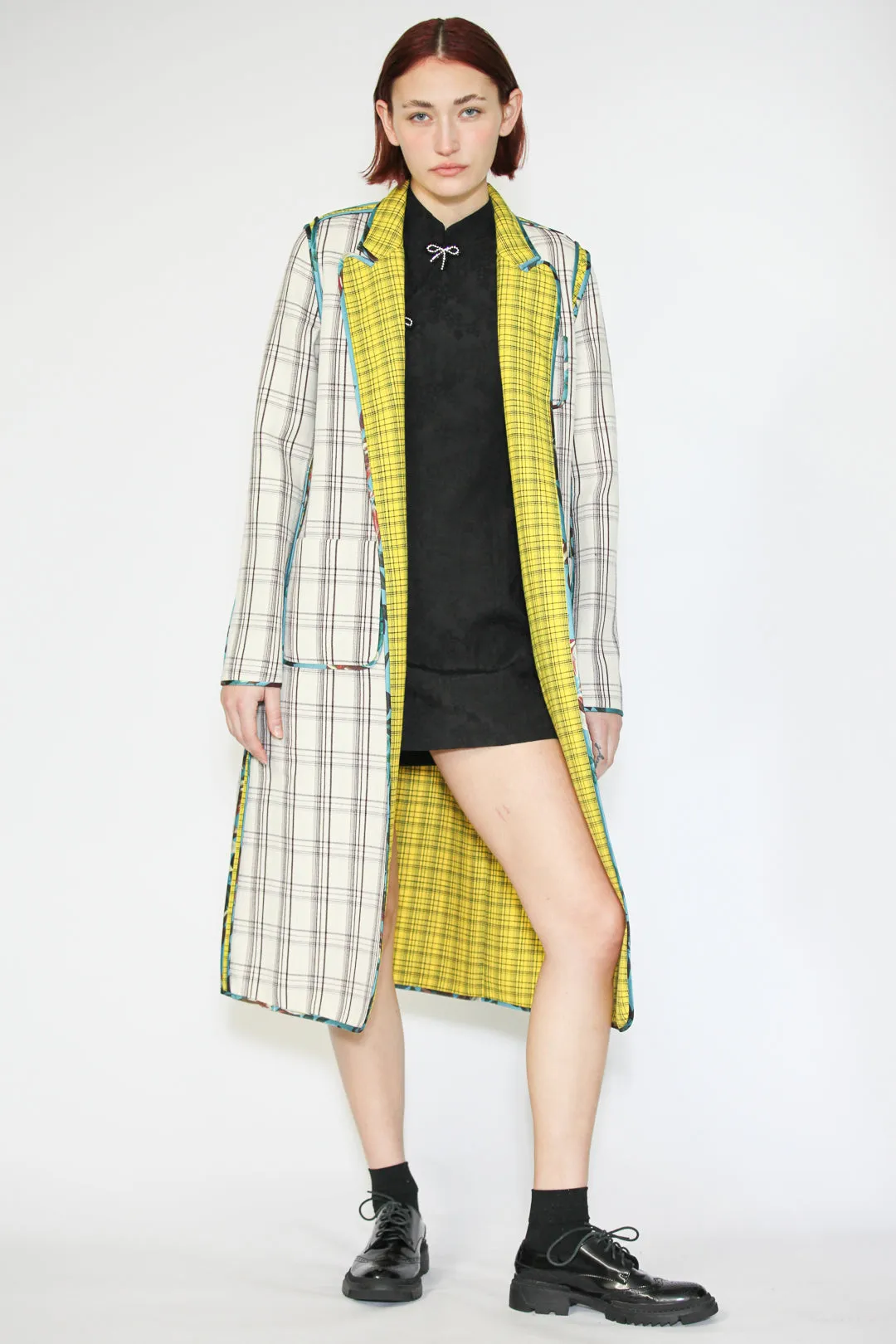 Wool Plaid and Silk Piping Reversible Coat