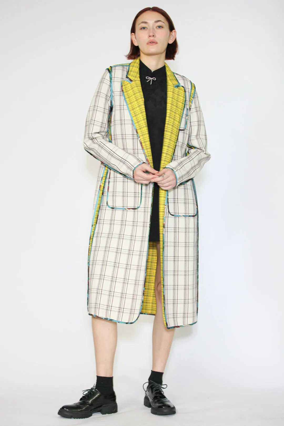 Wool Plaid and Silk Piping Reversible Coat